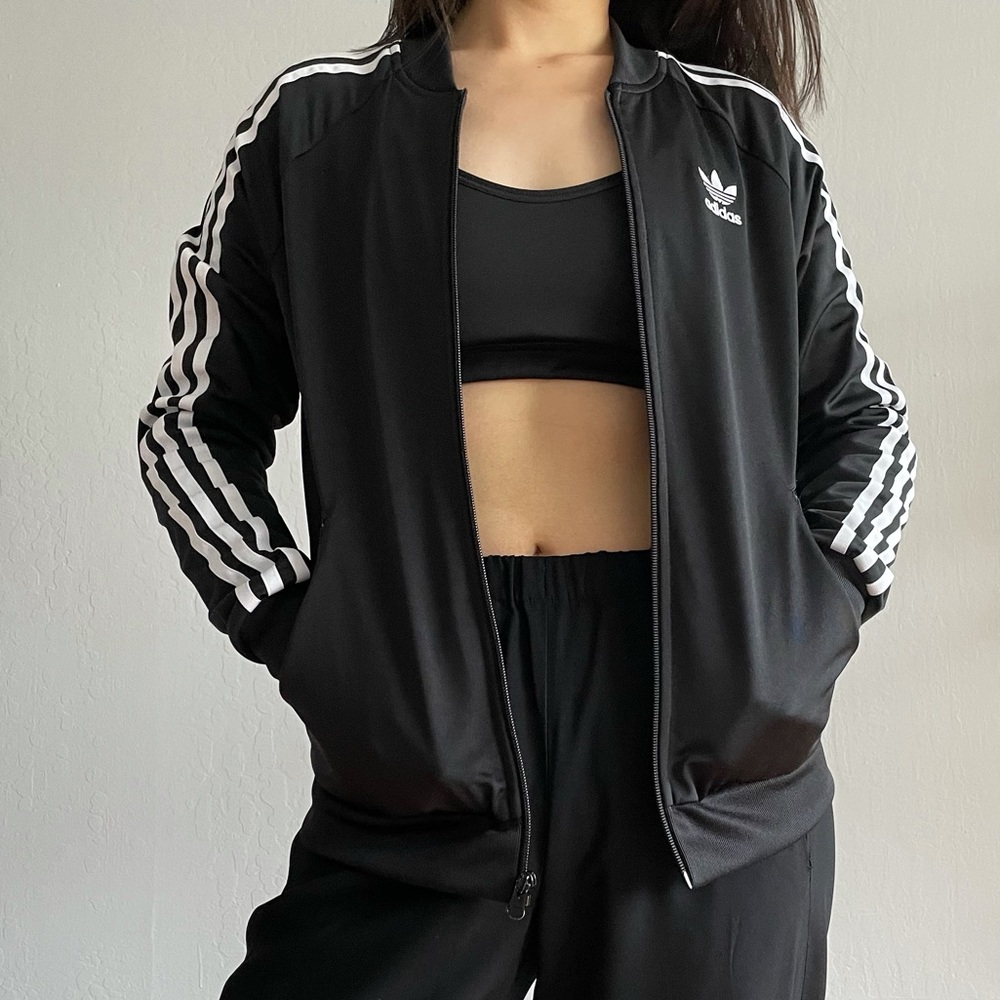 Adidas Black Track Jacket with White Trefoil Logo Size S